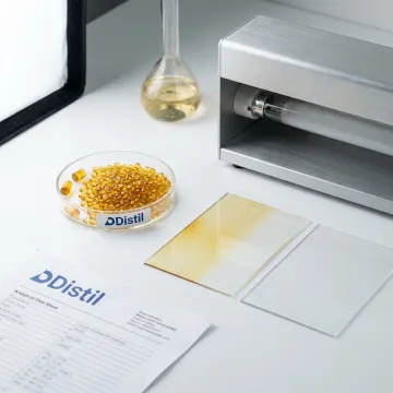 UV masterbatch pellets and polymer film samples in a laboratory