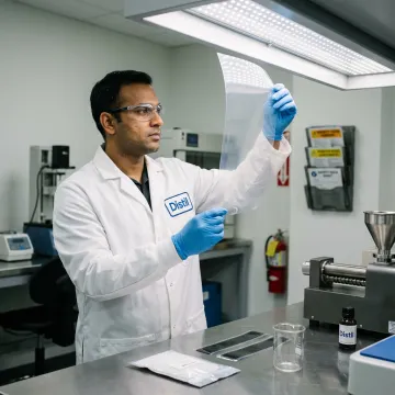 Technician testing plastic film antiblock performance