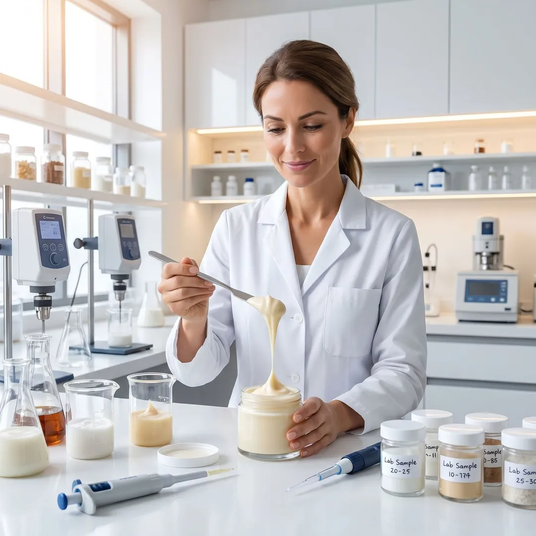 Cosmetic formulation lab working with rheology modifiers
