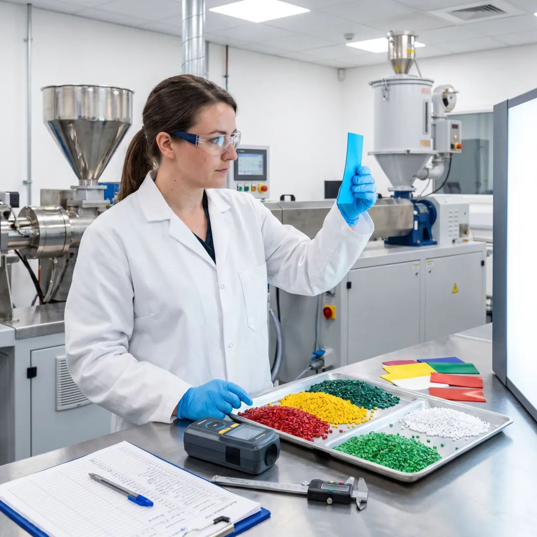 Technician reviewing color masterbatch production samples