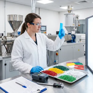 Technician reviewing color masterbatch production samples