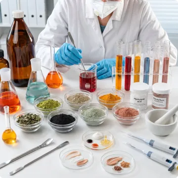 Cosmetic raw materials and formulation samples in a lab