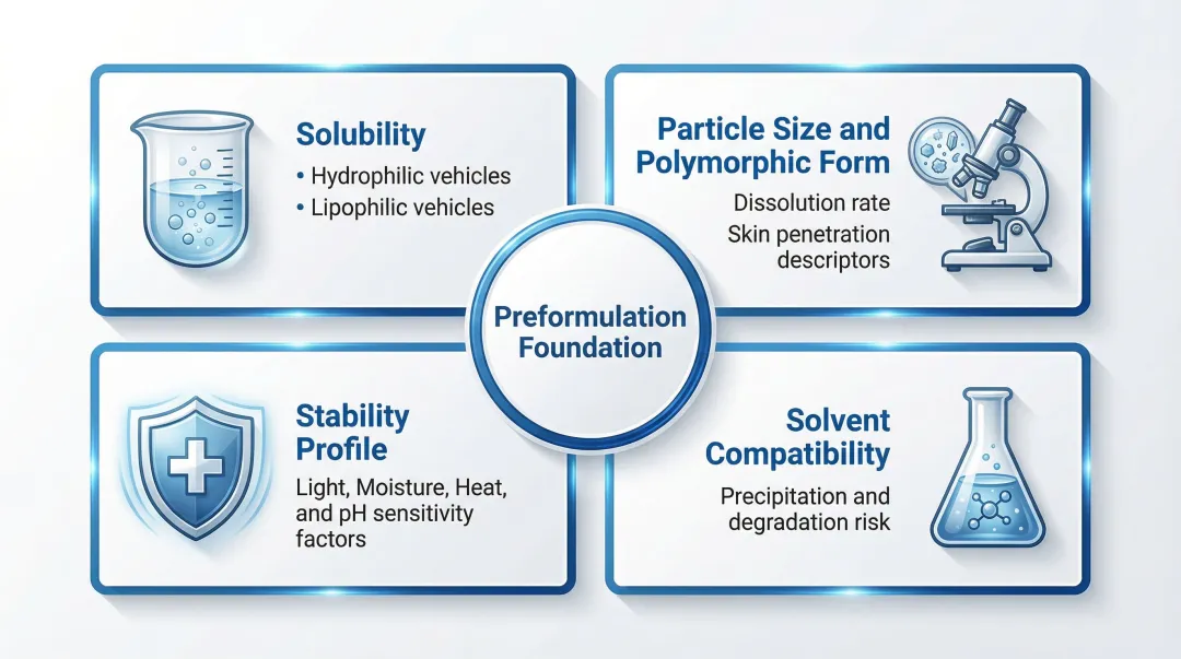 Preformulation active ingredient characterization four key physicochemical properties infographic