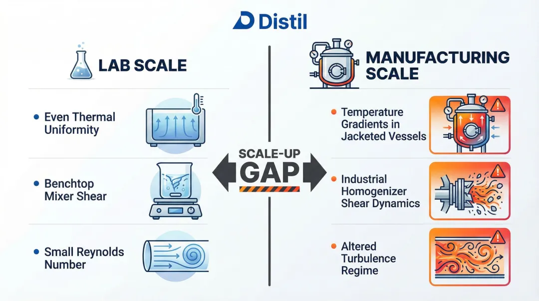 Lab scale versus manufacturing scale topical formulation bench-to-scale gap three key differences