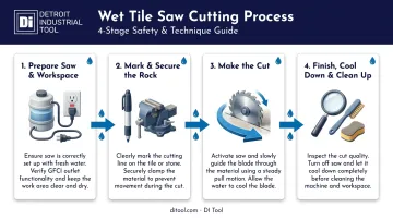 4-step wet tile saw rock cutting process from setup to cleanup