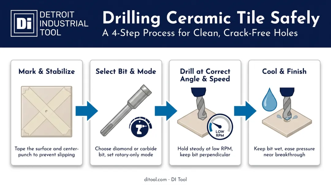 4-step process for drilling ceramic tile without cracking it