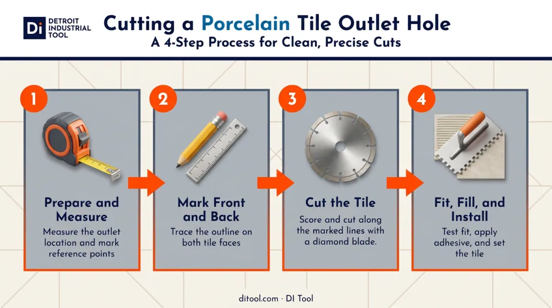 4-step process for cutting an outlet hole in porcelain tile