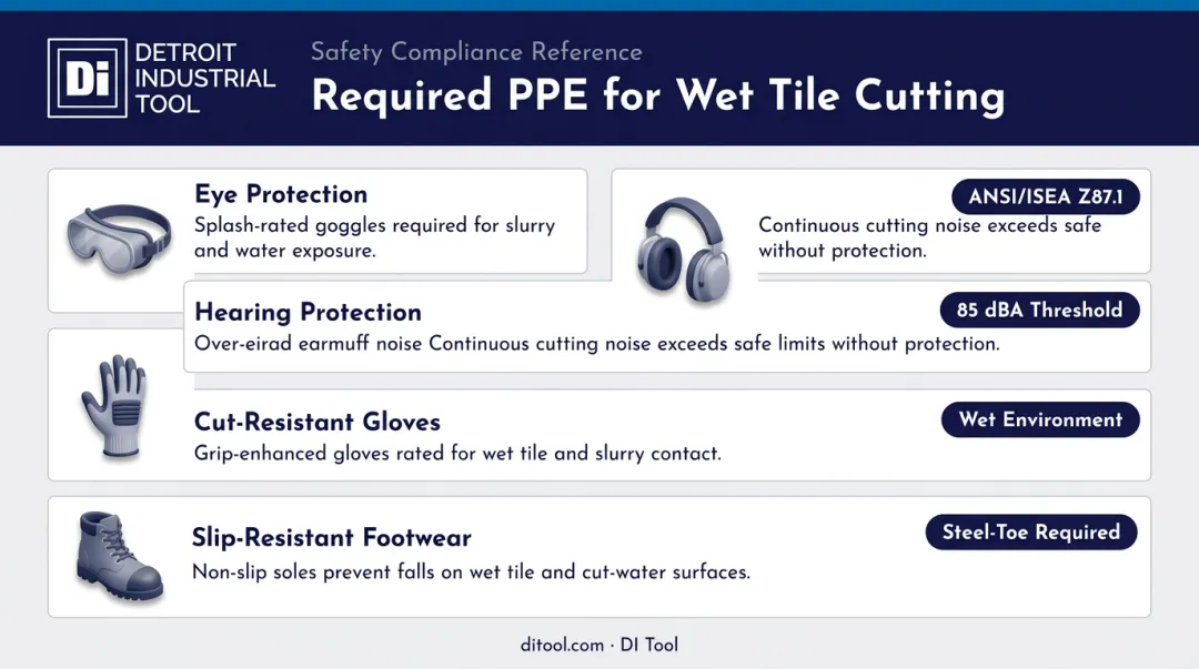 Four essential PPE items required for safe wet tile cutting operations