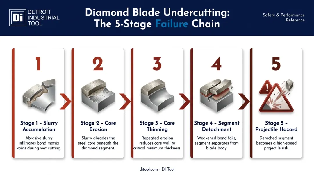 5-step diamond blade undercutting failure chain process flow infographic