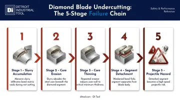 5-step diamond blade undercutting failure chain process flow infographic
