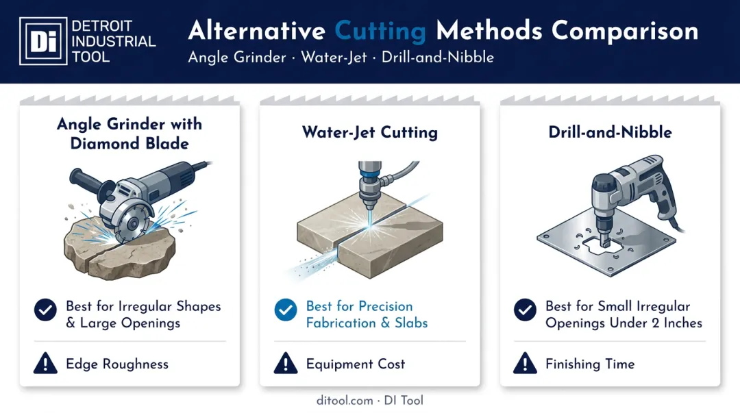 Comparison of angle grinder waterjet and drill-and-nibble cutting methods