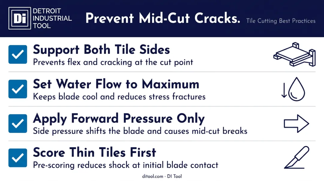 Four-step mid-cut glass tile crack prevention and correction checklist infographic