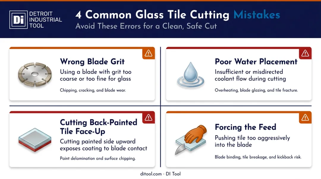 Four common glass tile cutting mistakes with causes and cost consequences infographic