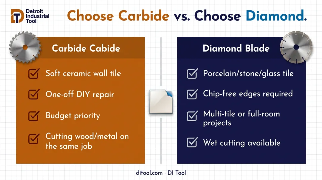 Decision guide choosing carbide versus diamond blade for tile cutting