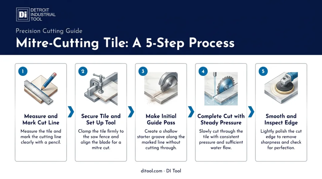5-step process for cutting tile at a 45-degree miter angle