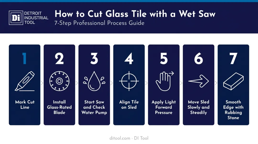 7-step wet saw glass tile cutting process flow diagram with icons