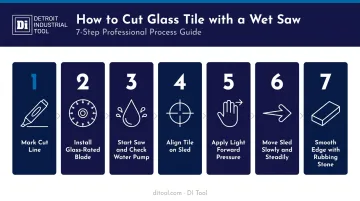 7-step wet saw glass tile cutting process flow diagram with icons