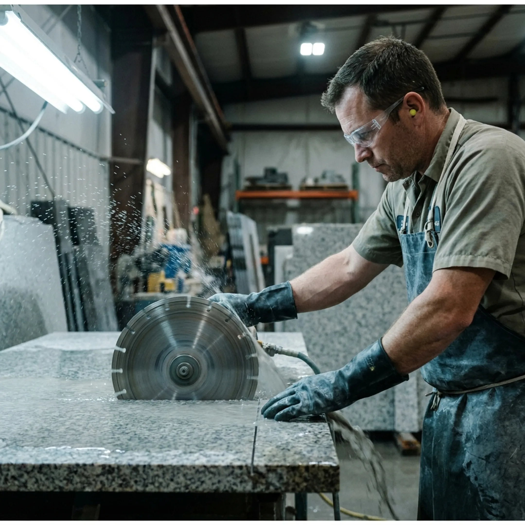 Stone fabrication with diamond blade