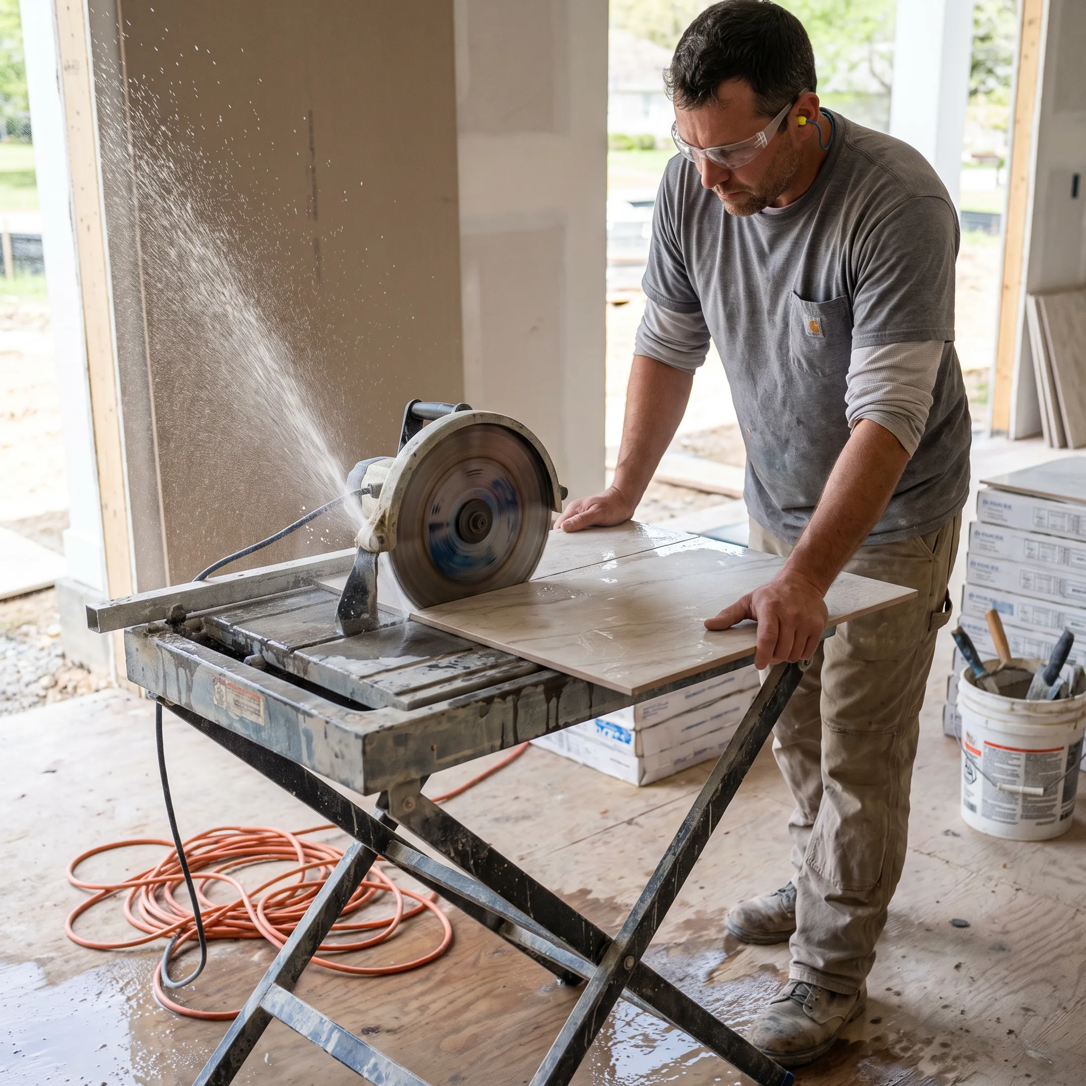 Tile installation contractor cutting tile