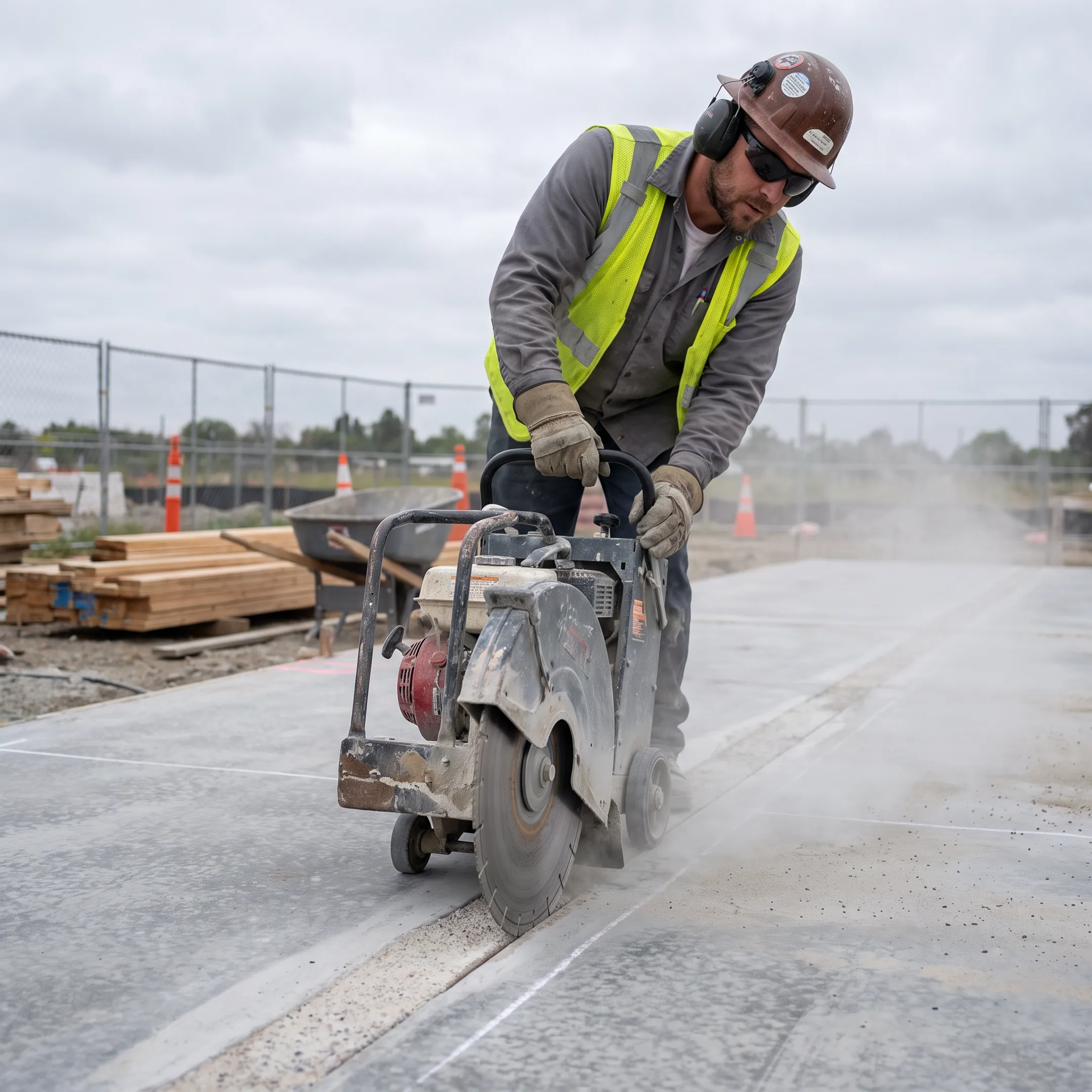 Diamond blade cutting concrete on a construction site