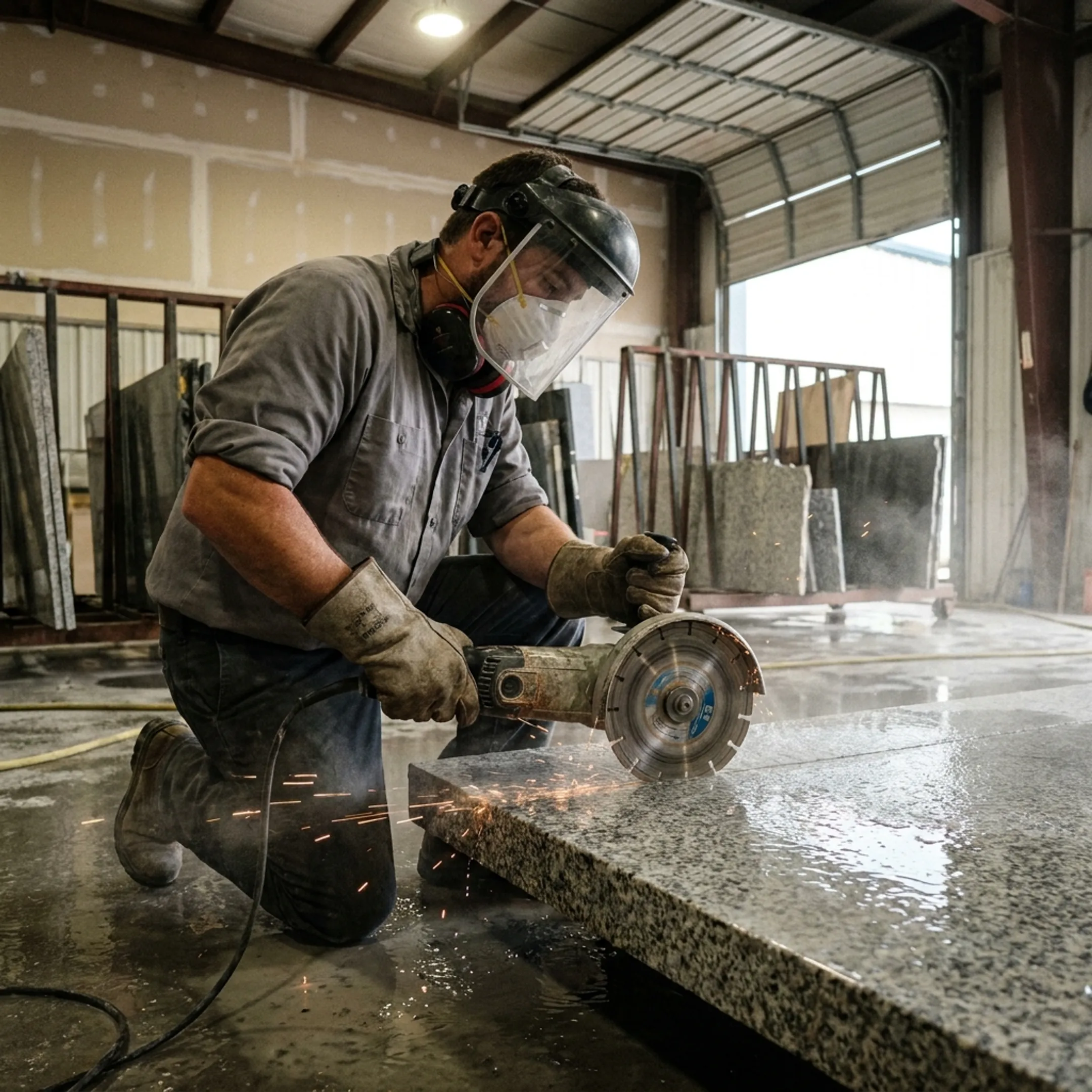 Stone fabrication shop cutting granite