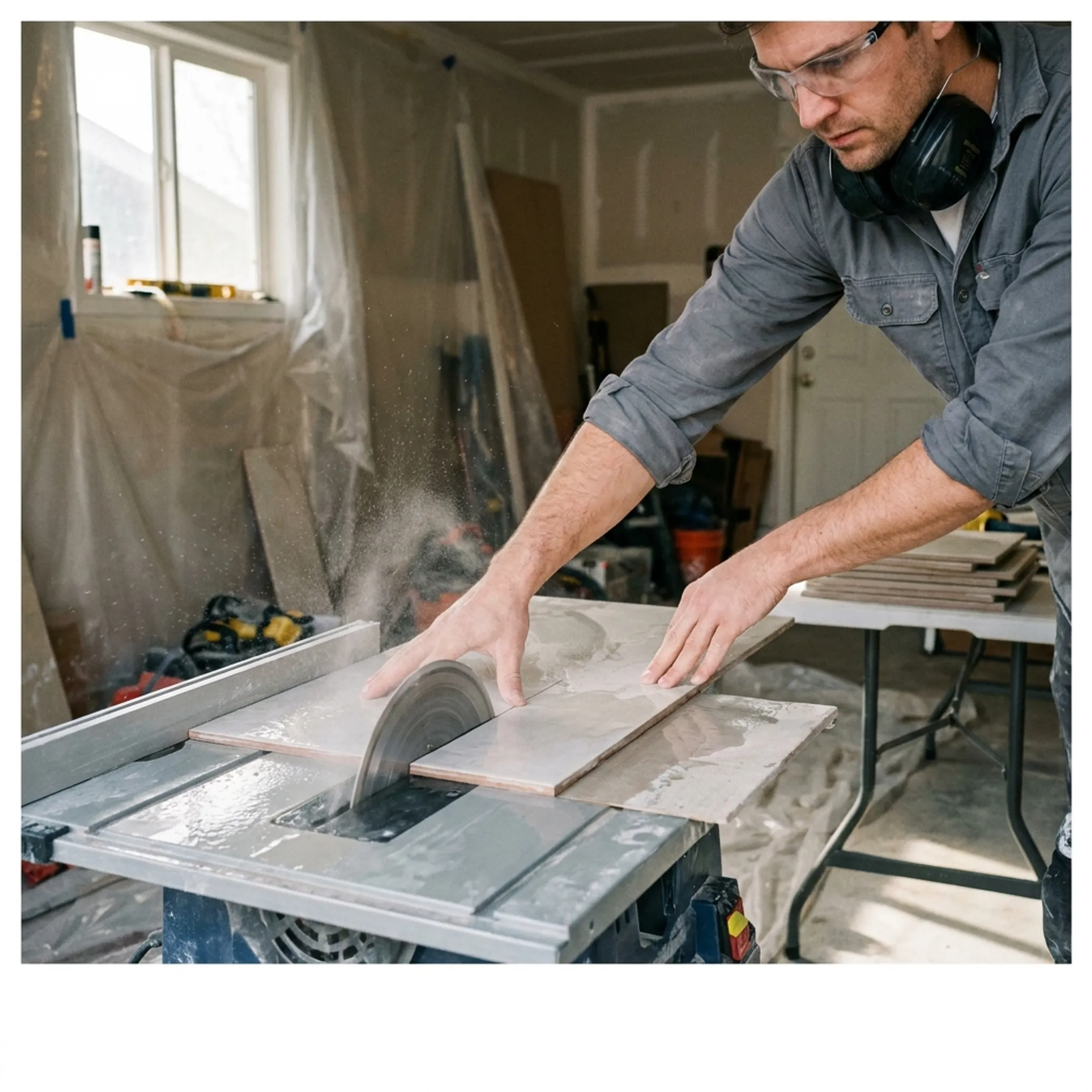 DIY homeowner cutting tile