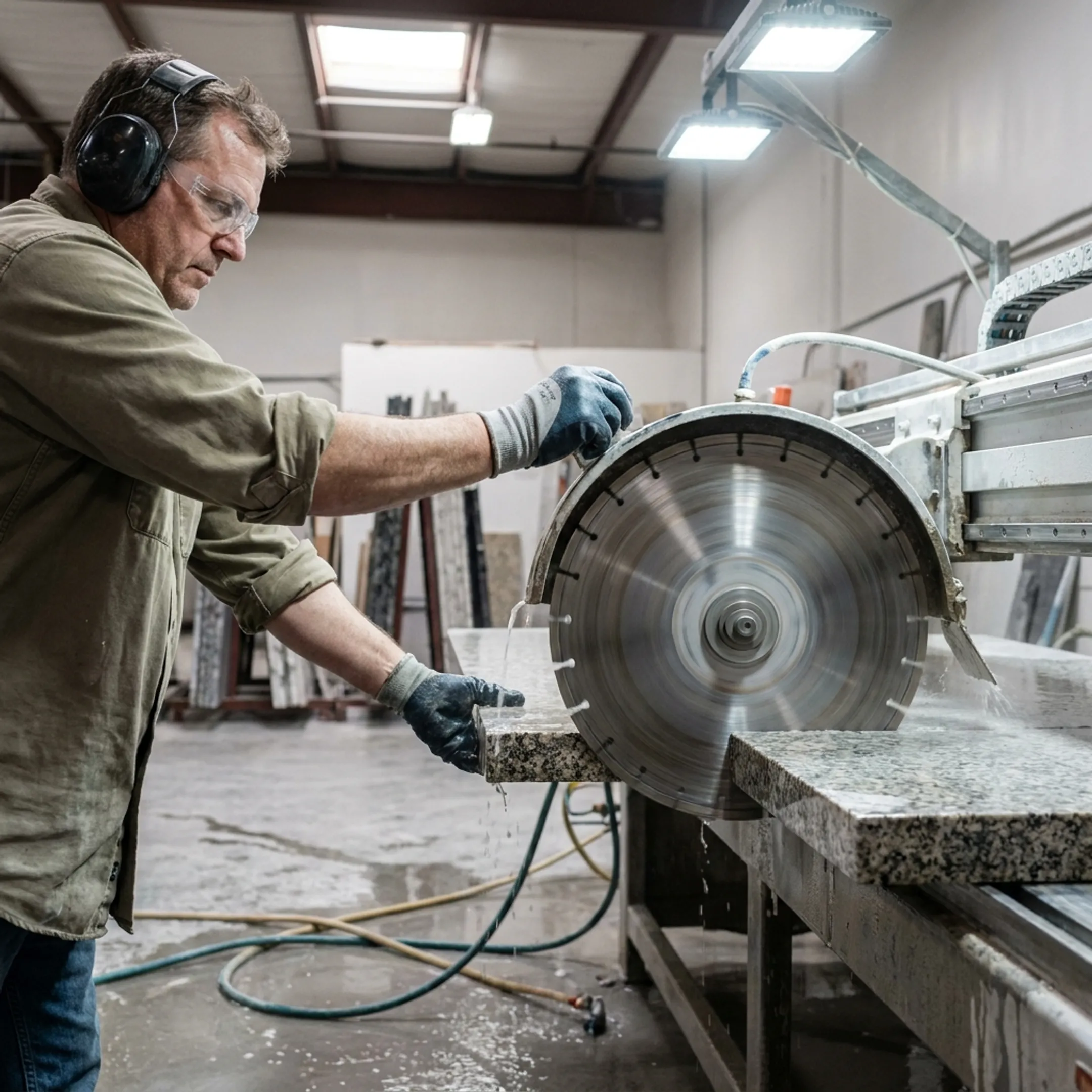 Stone fabrication shop cutting granite