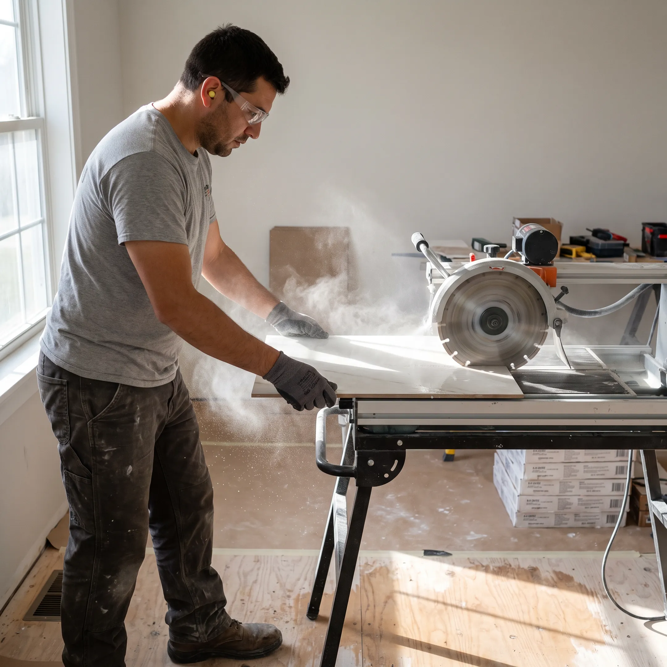 Tile installation contractor cutting porcelain tile