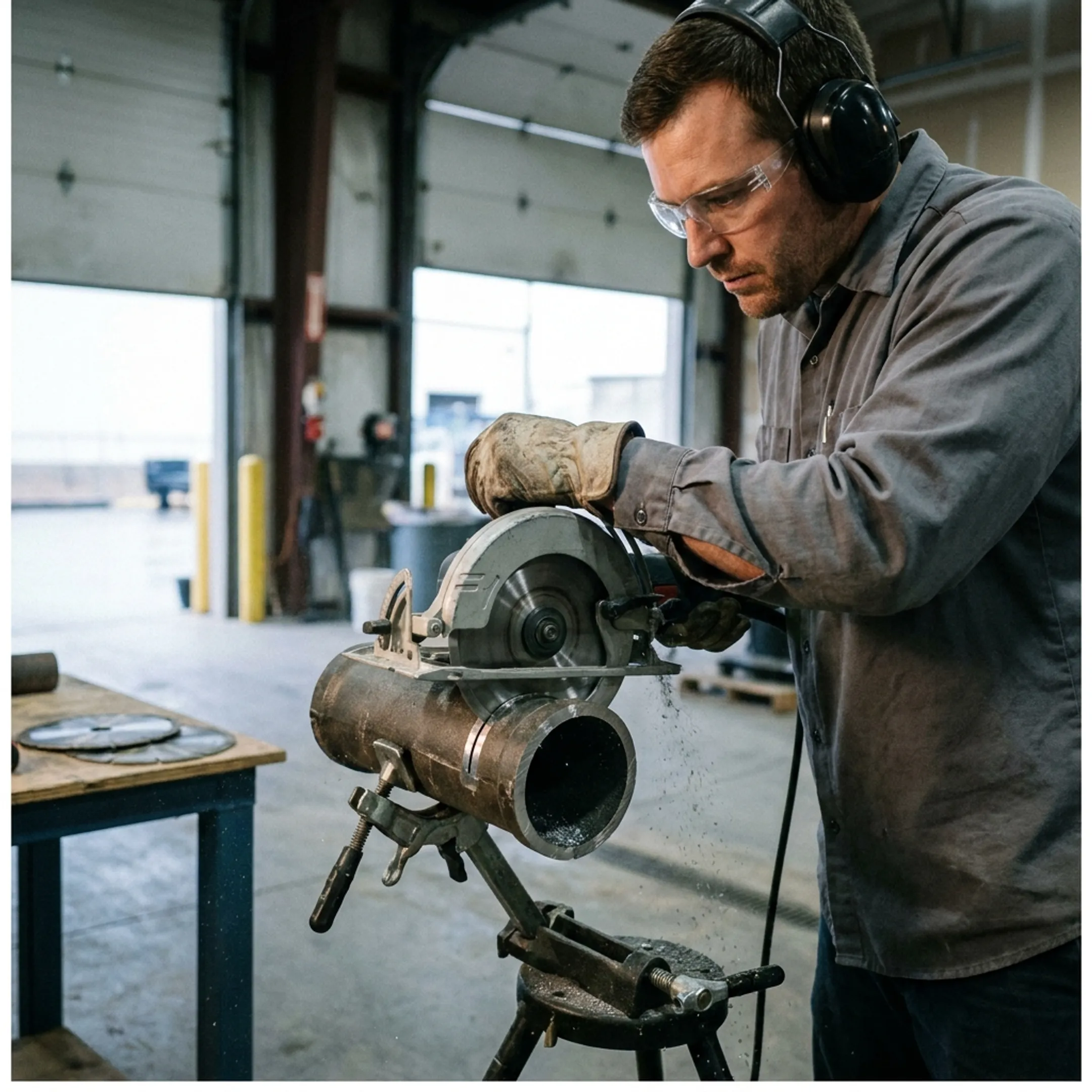 Utility worker cutting pipe with diamond blade