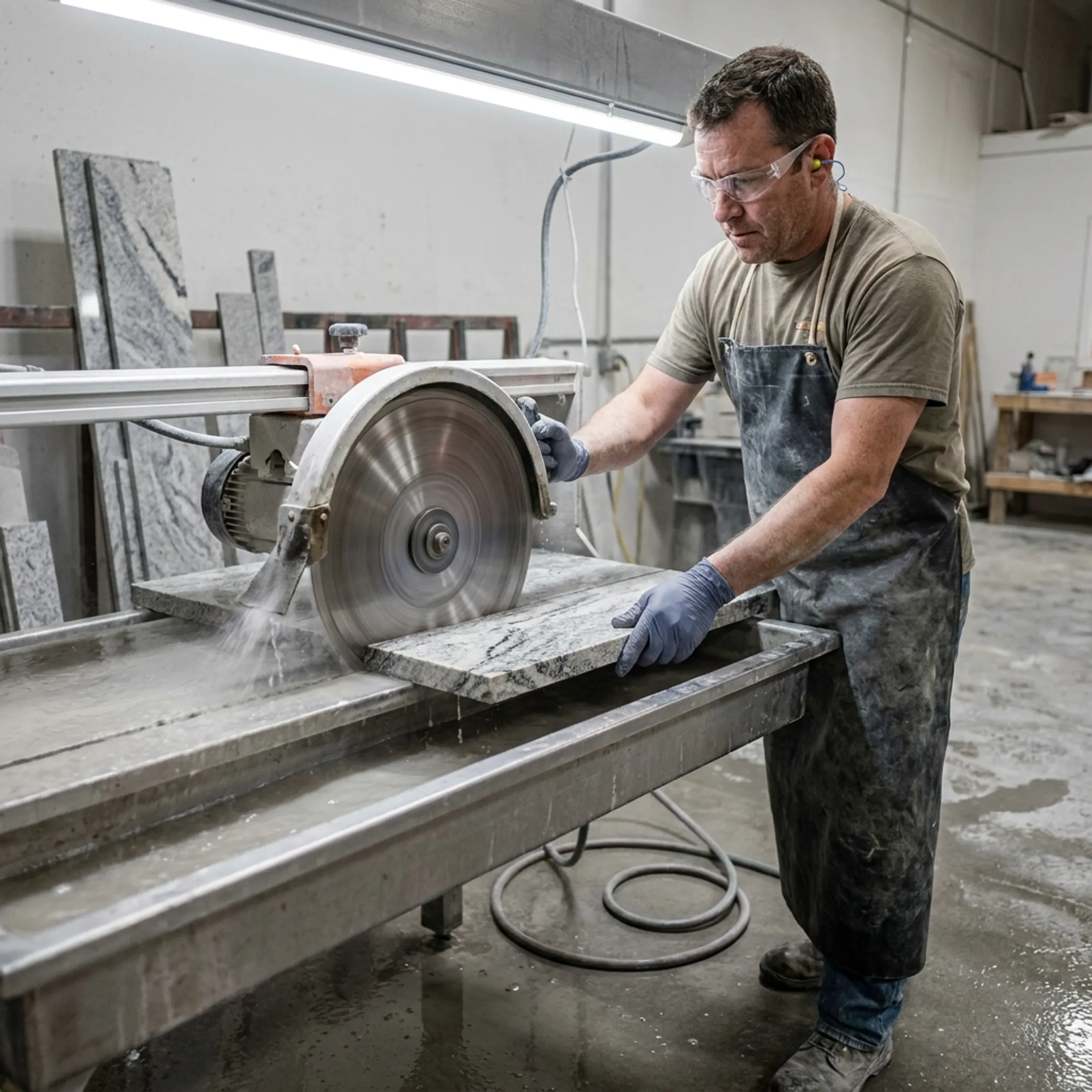Mason cutting stone with diamond blade