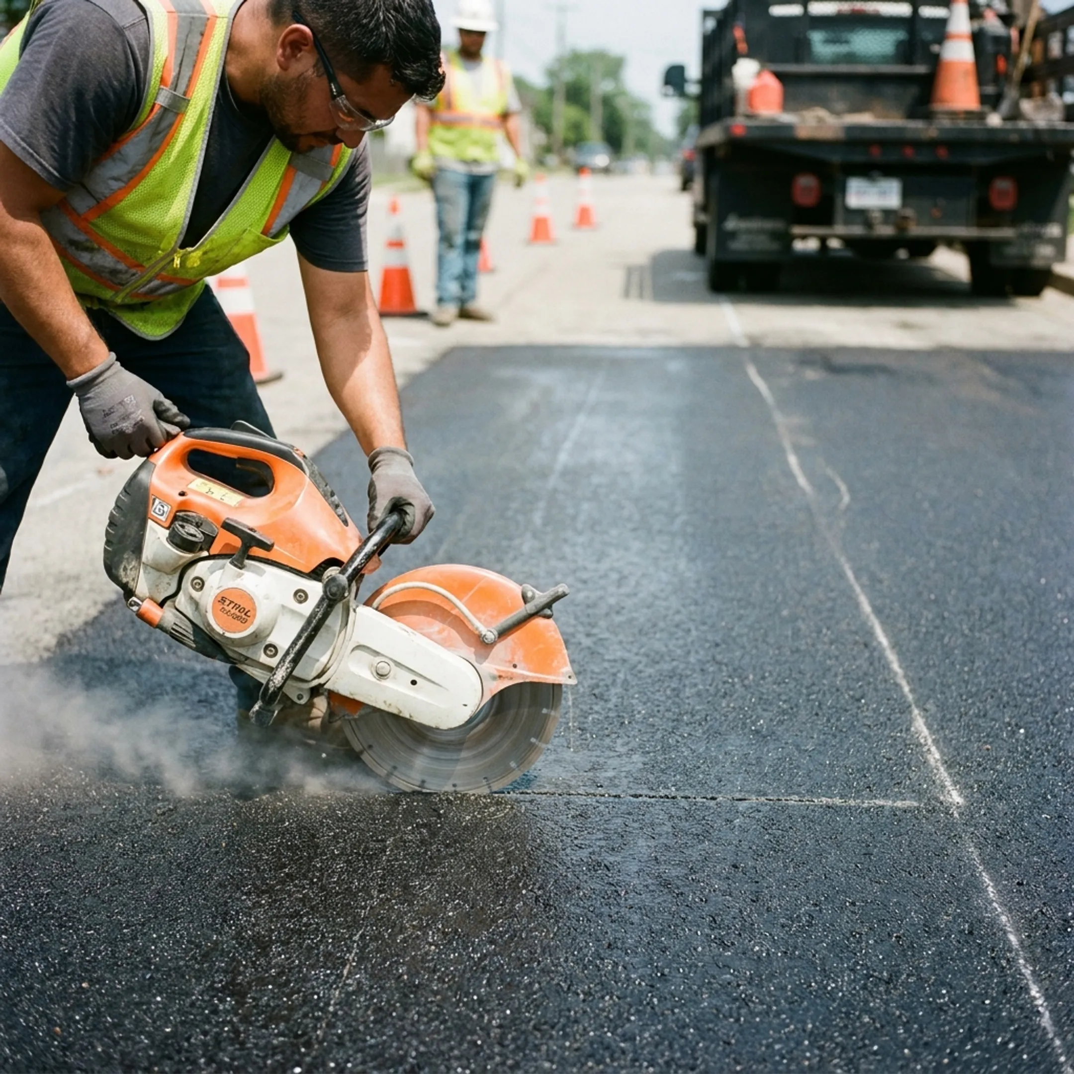 Road construction crew cutting asphalt