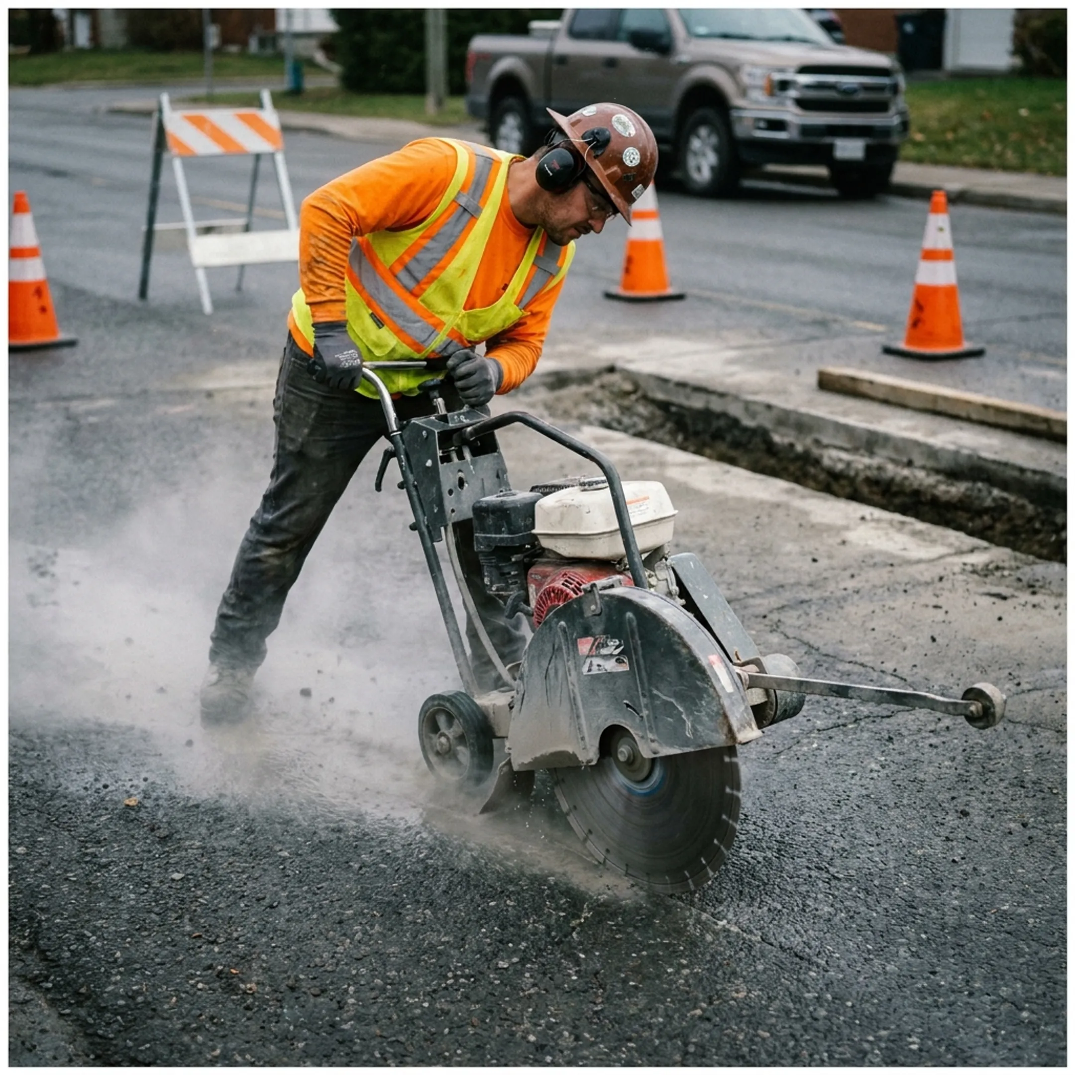 Road construction asphalt cutting