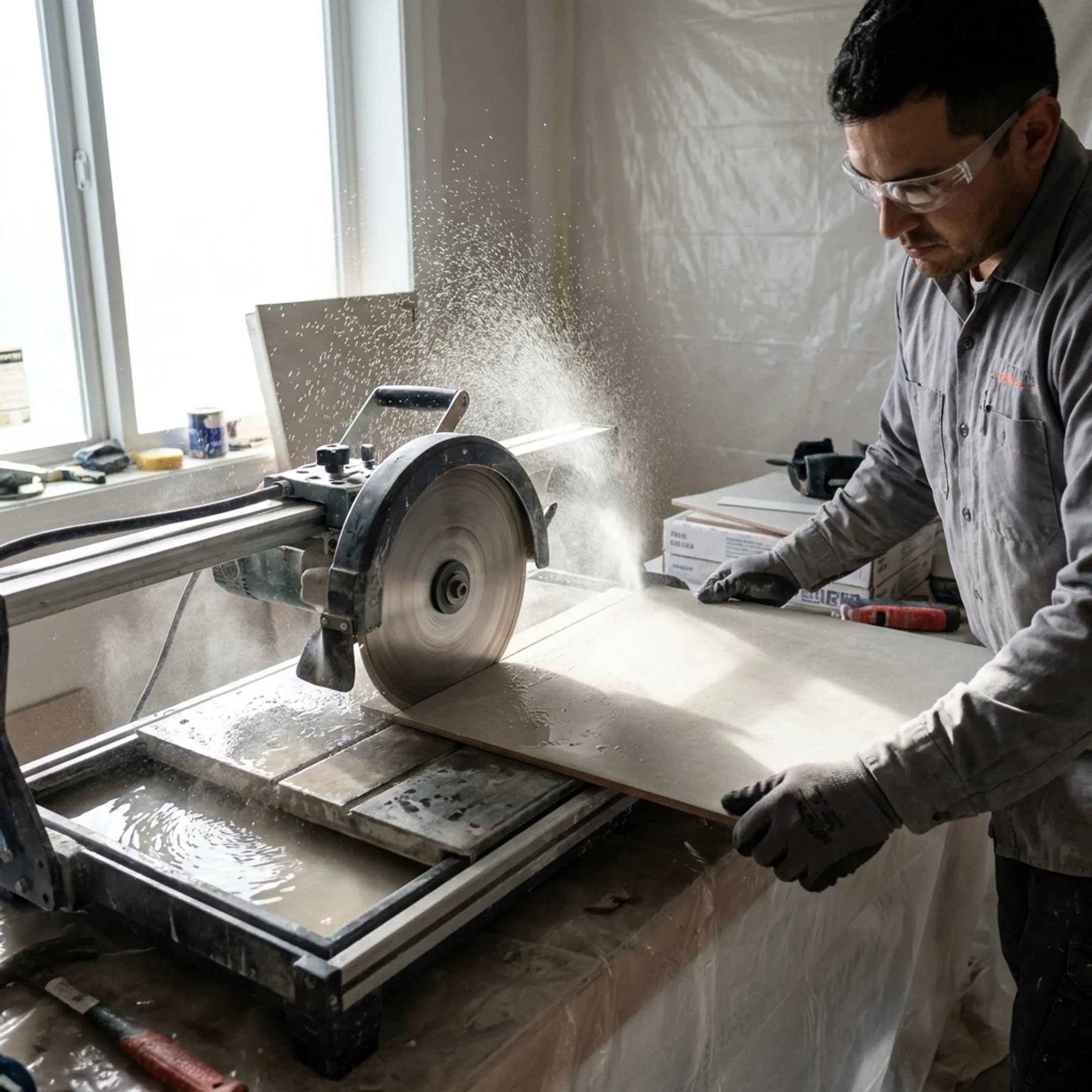 Tile installation contractor cutting porcelain tile