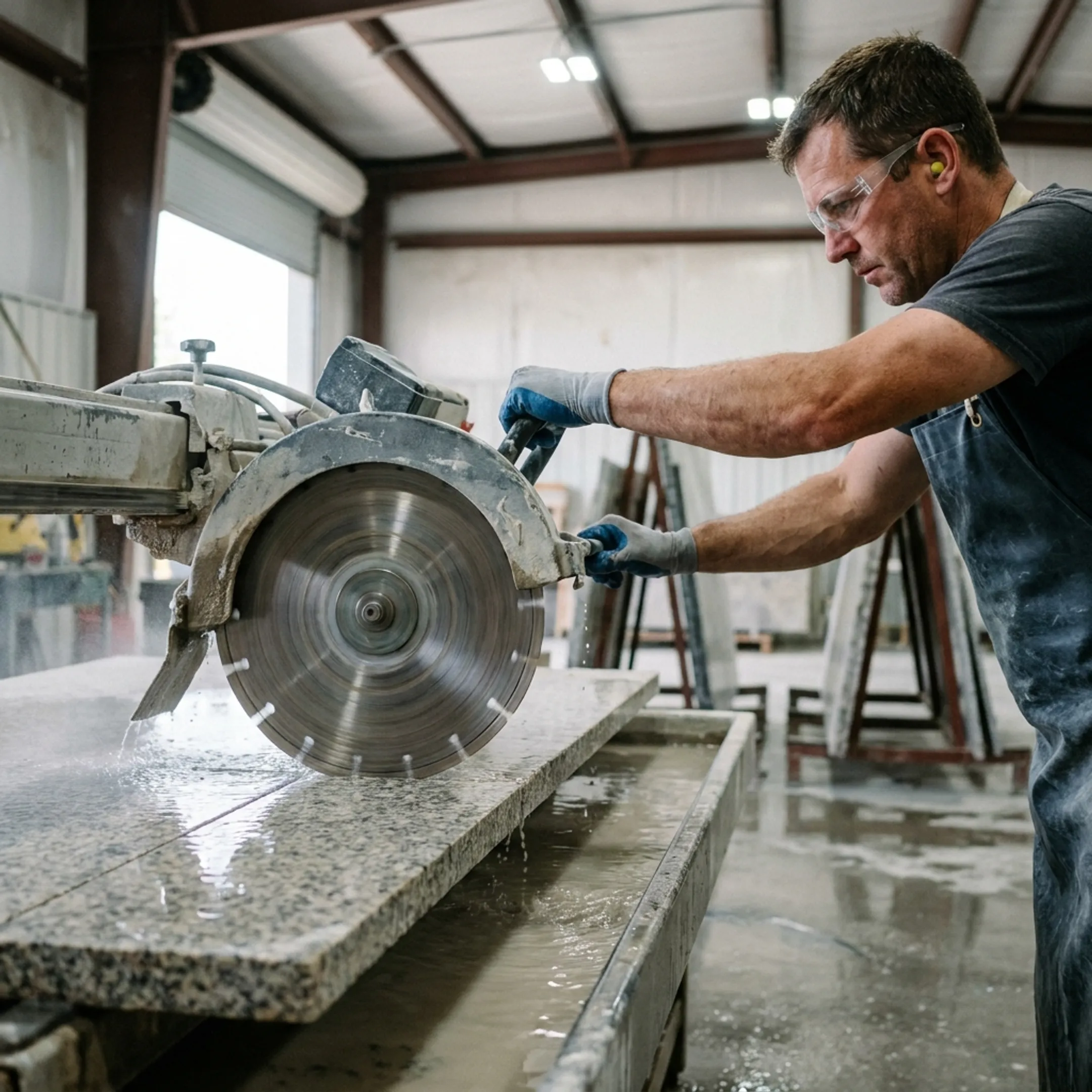 Stone fabricator cutting granite slab