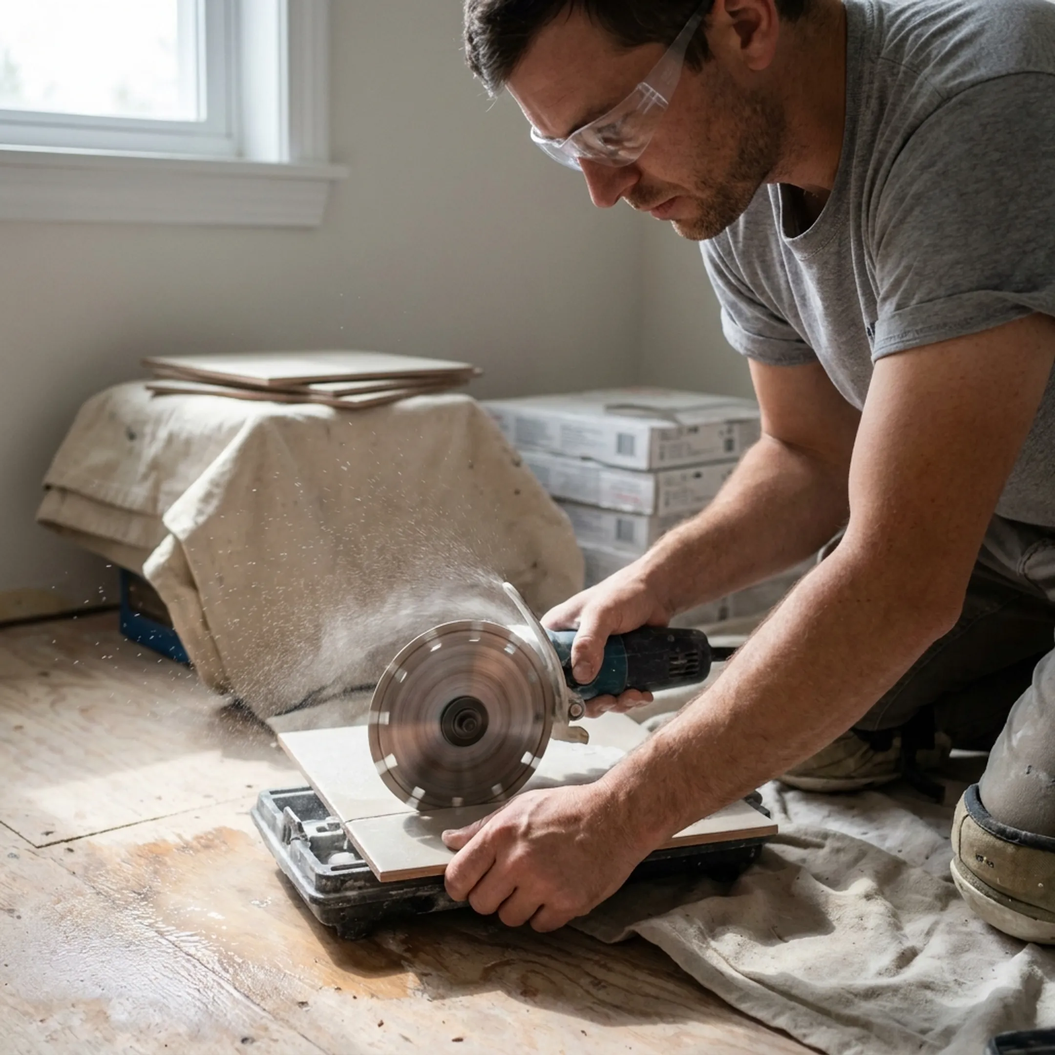DIY home renovation tile cutting