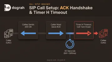 SIP call handshake timeline showing Timer H 32-second timeout