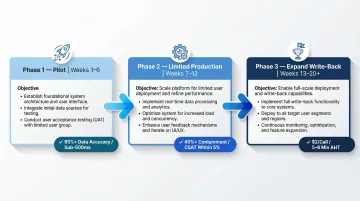 Three-phase P&amp;C voice AI rollout roadmap with timelines objectives and success metrics