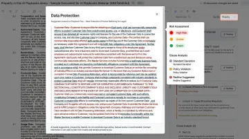 AI contract review platform interface highlighting clause analysis and redlining tools