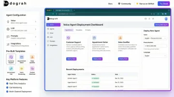 Dograh AI voice platform dashboard showing agent deployment workflow and configuration interface