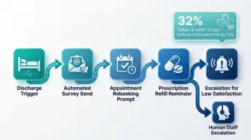 Automated patient follow-up workflow from discharge trigger to escalation logic steps