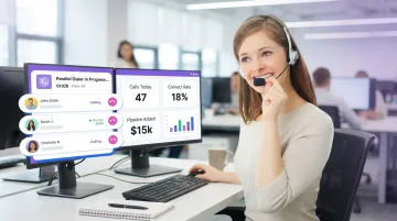 Sales rep using parallel dialer software during high-volume outbound calling session