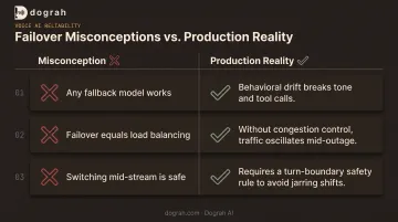 Three common LLM failover misconceptions versus production reality comparison