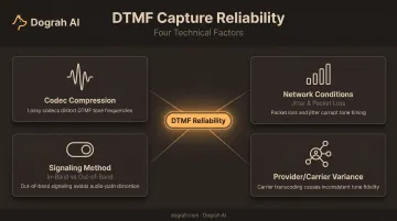 Four technical factors affecting DTMF capture reliability infographic overview
