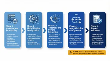 Five-phase on-premise multilingual voice AI deployment process flow diagram