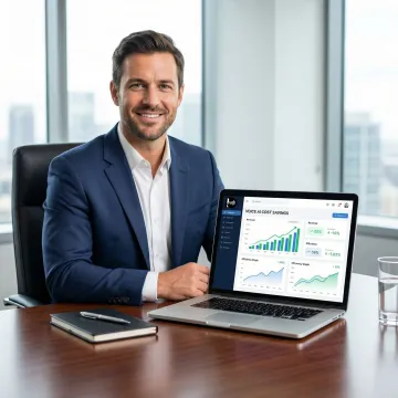 Business professional reviewing AI voice agent ROI calculator results on a laptop