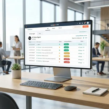 AI voice agent interface integrated with HubSpot CRM dashboard showing call logs and lead data