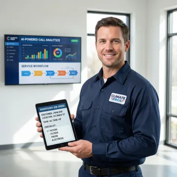 HVAC technician receiving a dispatched job notification on a tablet after AI voice agent booking