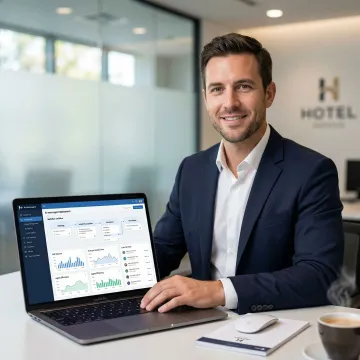 Hotel call center automation process showing AI voice agent workflow deployment on a laptop