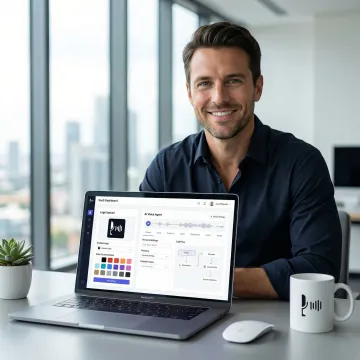 Entrepreneur reviewing a branded AI voice agent platform on a laptop with customization tools open