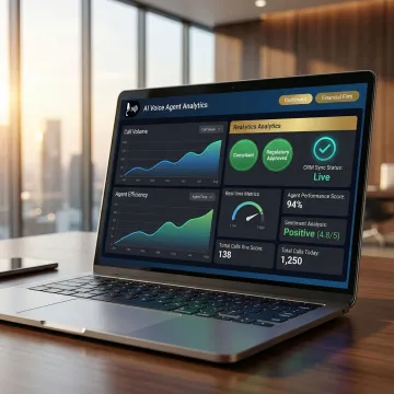 AI voice agent platform dashboard showing financial services call analytics and compliance status